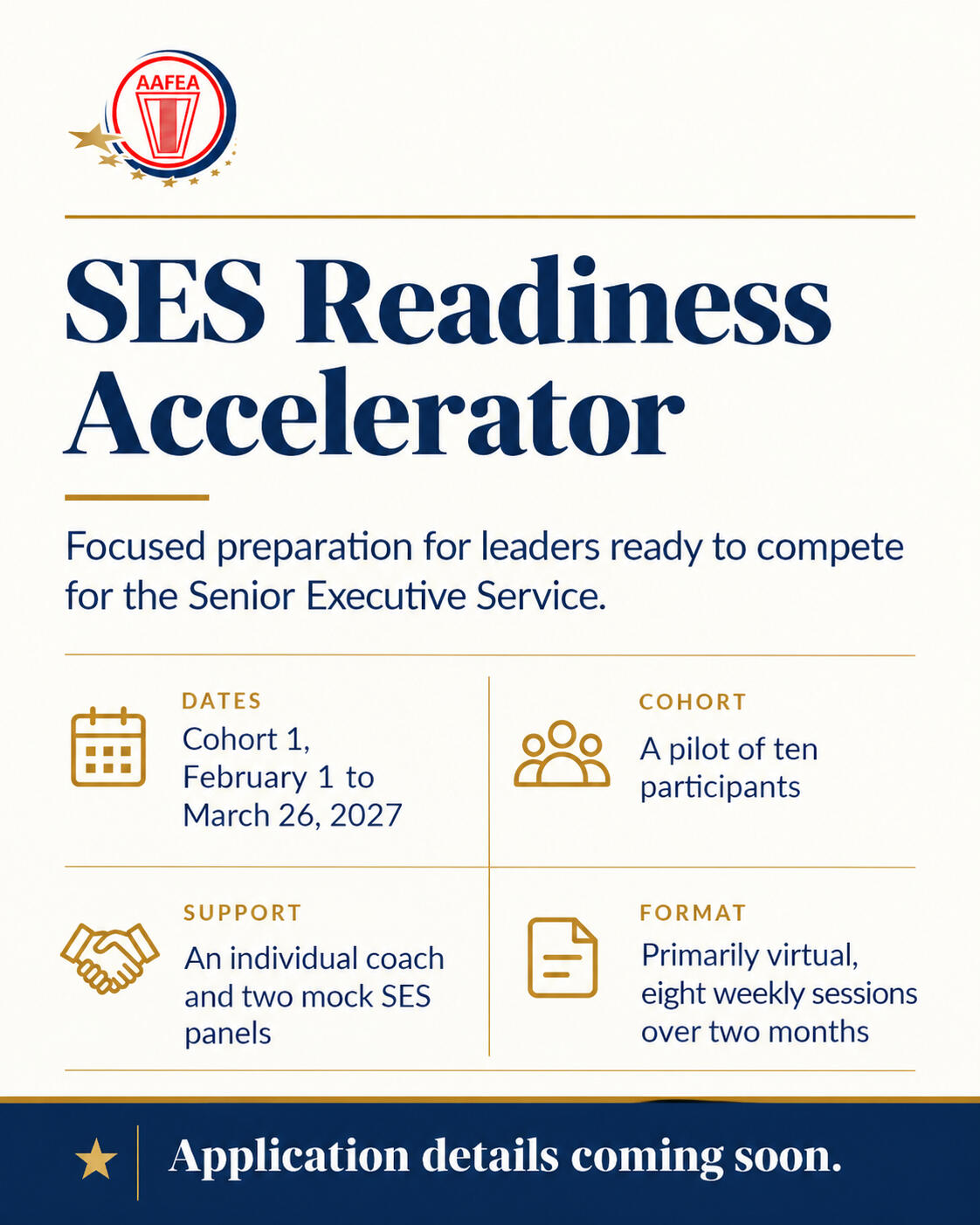 Six levels. One leadership community. AAFEA's Leadership Development Ecosystem supports leaders across the federal career continuum, from emerging leadership through continued executive development. Each level builds distinct capabilities while connecting